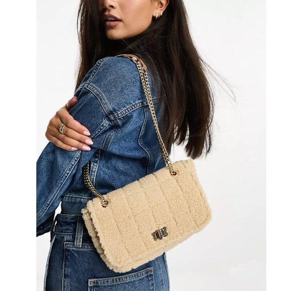 Glamorous Handbags - Glamorous Beige Teddy Quilted Chain Strap Shoulder Bag
